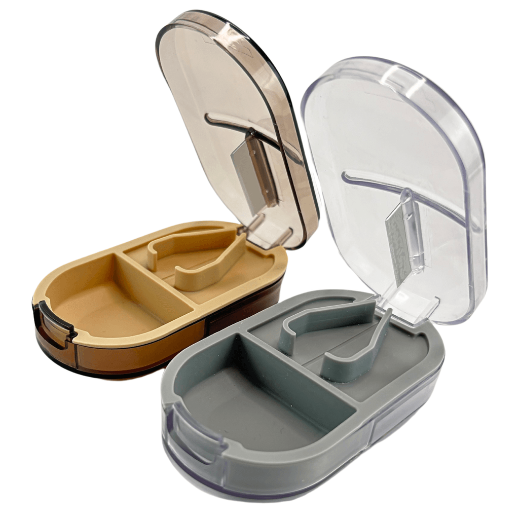 Gray and brown 2-pack precision pill cutters with stainless steel blades for splitting large and small prescription pills safely